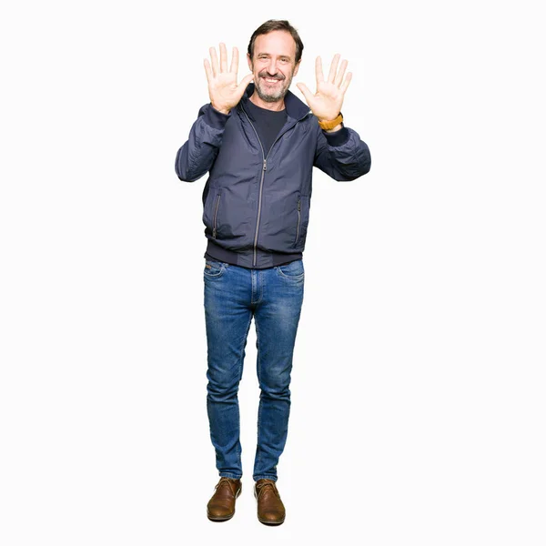 Middle Age Handsome Man Wearing Jacket Showing Pointing Fingers Number — Stock Photo, Image