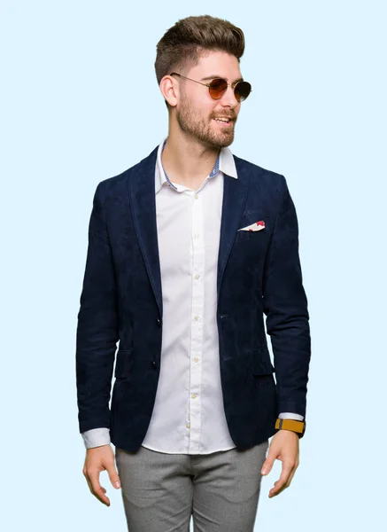 Young Handsome Elegant Man Wearing Sunglasses Fashion Blazer Looking Away — Stock Photo, Image