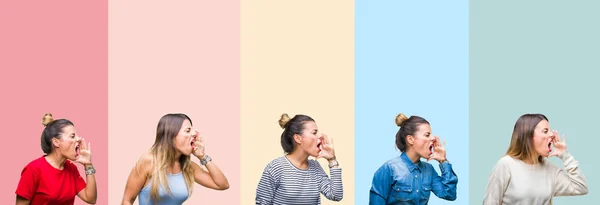 Collage Van Jonge Mooie Vrouw Kleurrijke Vintage Strepen Geïsoleerde Achtergrond — Stockfoto