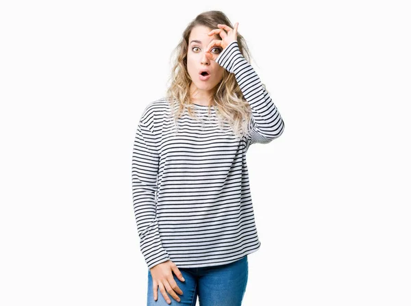 Beautiful Young Blonde Woman Wearing Stripes Sweater Isolated Background Doing — Stock Photo, Image
