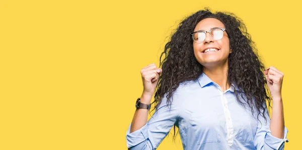 Young Beautiful Business Girl Curly Hair Wearing Glasses Excited Success — Stock Photo, Image