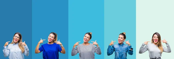Collage Young Beautiful Woman Blue Stripes Isolated Background Smiling Confident — Stock Photo, Image