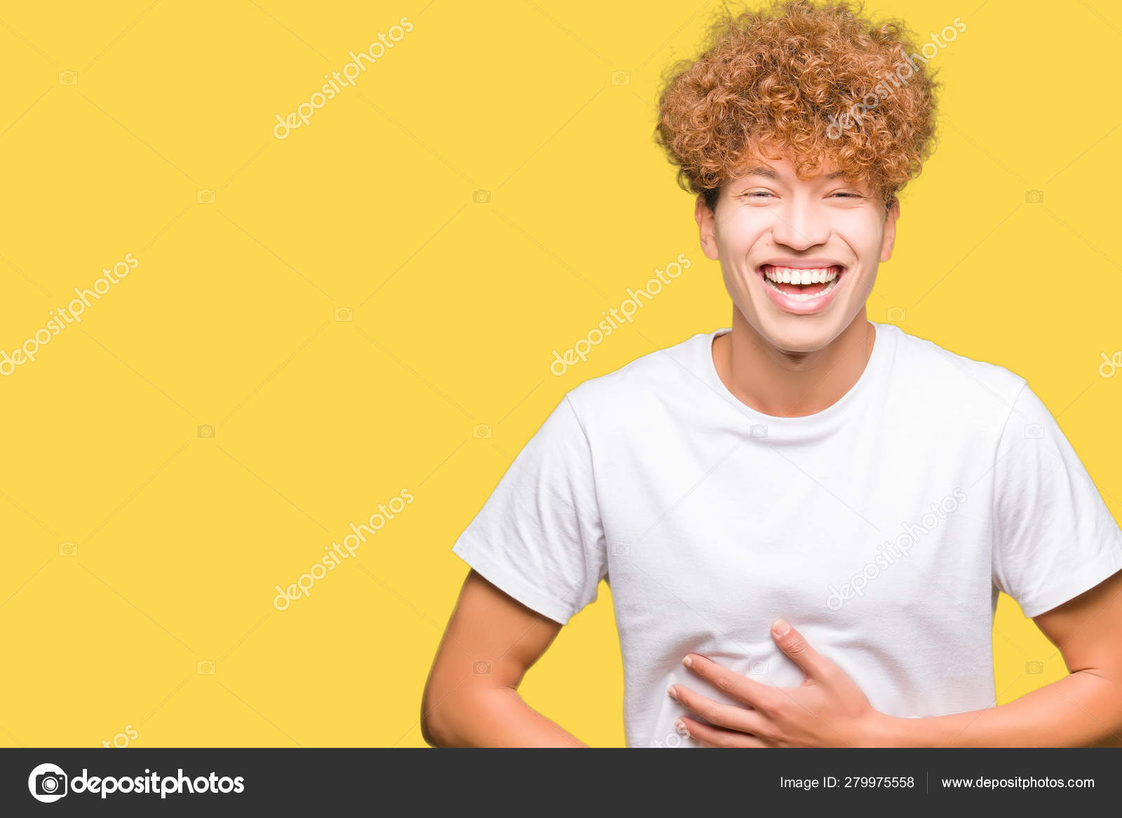 Young Handsome Man Afro Hair Wearing Casual White Shirt Smiling