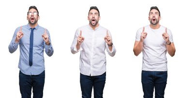 Beyaz izole arka plan üzerinde yakışıklı iş adamı kolaj hayret ve görünümlü ve parmaklar ve yükseltilmiş kollar ile işaret şaşırttı.