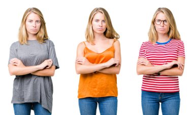 Kolaj güzel sarışın kadın beyaz bir arka plan şüpheci ve çapraz kolları olan yüzündeki gergin, onaylamayan ifade izole. Negatif kişi.