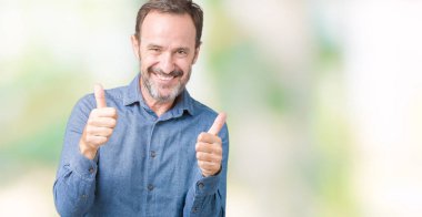 Yakışıklı orta yaş zarif komuta sizde izole arka plan başarı işareti el ile pozitif jest yapıyor üzerinde başparmak gülümseyen ve mutlu. Neşeli bir ifadeyle, kazanan jest kameraya bakıyor.