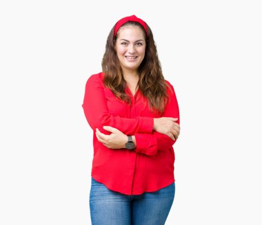 Güzel izole arka plan boyutu genç kadın artı ile mutlu yüz gülümseyerek kameraya seyir silah geçti. Olumlu bir kişi.