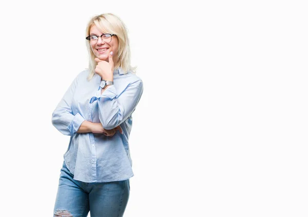 Young Beautiful Blonde Business Woman Wearing Glasses Isolated Background Looking — Stock Photo, Image