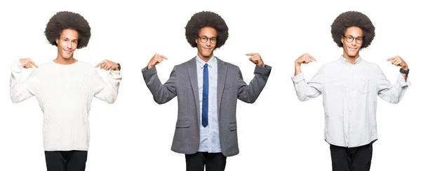 Colagem Jovem Com Cabelo Afro Sobre Fundo Isolado Branco Olhando — Fotografia de Stock