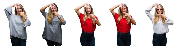 Colagem Jovem Bela Mulher Loira Sobre Fundo Isolado Sorrindo Fazendo — Fotografia de Stock