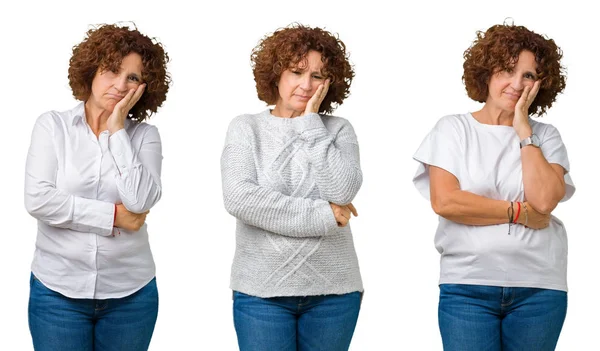 Collage Mujer Negocios Senior Mediana Edad Con Camiseta Blanca Sobre — Foto de Stock