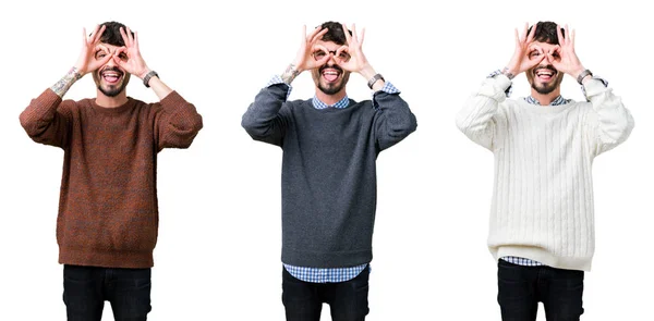 Collage Young Man Wearing Sweater Isolated Background Doing Gesture Binoculars — Stock Photo, Image