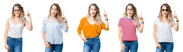 Collage Van Jonge Mooie Blonde Meisje Geïsoleerde Achtergrond Vinger Omhoog — Stockfoto