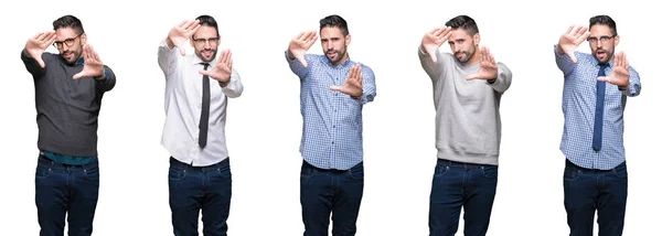 Colagem Homem Negócios Bonito Sobre Fundo Isolado Branco Sorrindo Fazendo — Fotografia de Stock