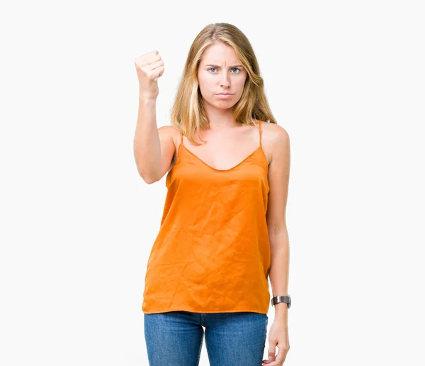 Schöne Junge Frau Orangefarbenem Hemd Über Isoliertem Hintergrund Wütend Und — Stockfoto