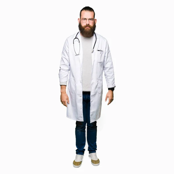 Young Blond Doctor Man Beard Wearing Medical Coat Depressed Worry — Stock Photo, Image