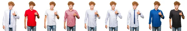 Collage Hombre Joven Con Diferentes Miradas Sobre Fondo Blanco Aislado — Foto de Stock