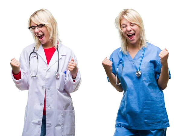 Collage Von Arzt Und Krankenschwester Vor Weißem Isoliertem Hintergrund Sehr — Stockfoto