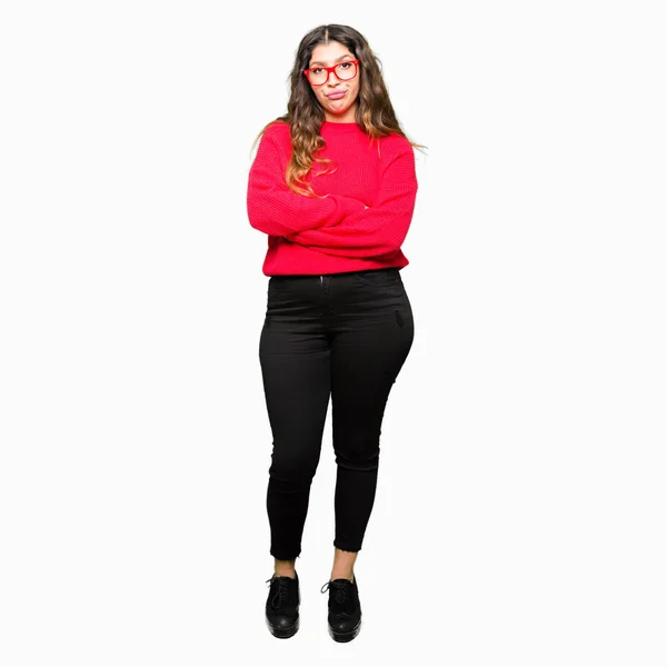 Junge Schöne Frau Mit Roter Brille Skeptisch Und Nervös Missbilligenden — Stockfoto