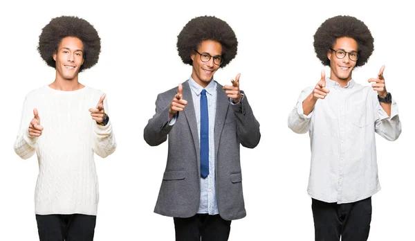Collage Giovane Uomo Con Capelli Afro Sfondo Bianco Isolato Puntando — Foto Stock