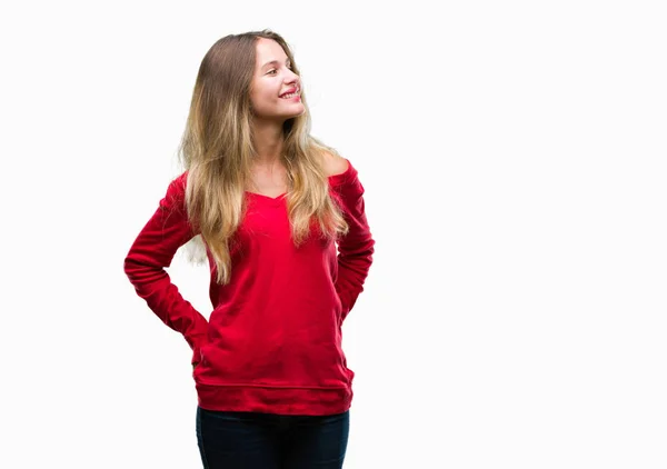 Giovane Bella Donna Bionda Che Indossa Maglione Rosso Sfondo Isolato — Foto Stock