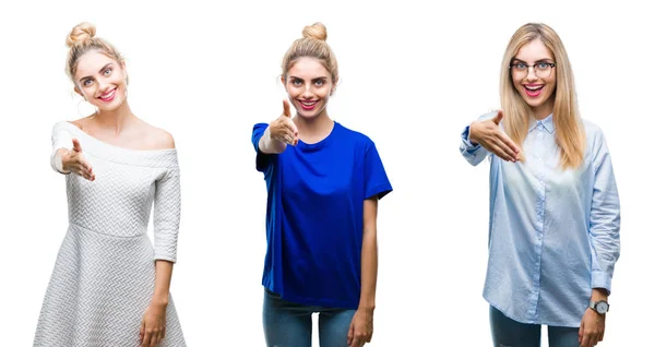 Colagem Jovem Bela Mulher Loira Sobre Fundo Isolado Sorrindo Amigável — Fotografia de Stock