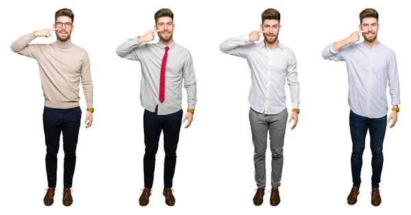 Collage Handsome Young Business Man White Isolated Background Pointing Hand — Stock Photo, Image