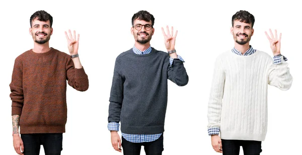자신감과 미소를 하면서 스웨터를 손가락 가리키는 남자의 콜라주 — 스톡 사진