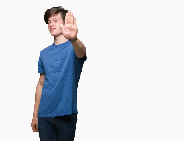Jonge Knappe Man Blauw Shirt Dragen Geïsoleerde Achtergrond Stop Doen — Stockfoto