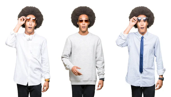 Collage Ung Man Med Afro Hår Över Isolerade Vitbakgrund Rädd — Stockfoto