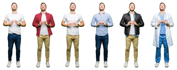 Collage Van Aantrekkelijke Jonge Man Witte Geïsoleerd Samen Achtergrond Handen — Stockfoto