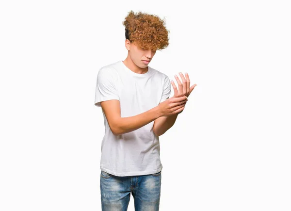 Young Handsome Man Afro Hair Wearing Casual White Shirt Suffering — Stock Photo, Image