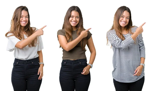 Collage Der Schönen Jungen Frau Vor Isoliertem Hintergrund Fröhlich Mit — Stockfoto