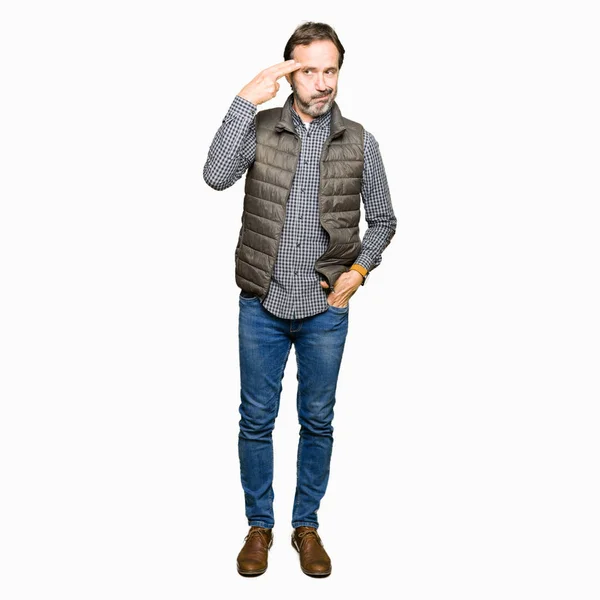 Middle Age Handsome Man Wearing Winter Vest Shooting Killing Oneself — Stock Photo, Image