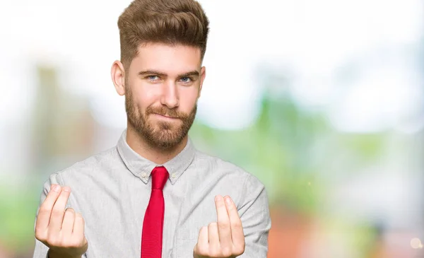 Jonge Knappe Business Man Doen Geld Gebaar Met Hand Vraagt — Stockfoto