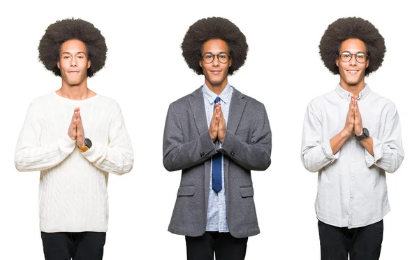 Koláž Mladého Muže Afro Vlasy Bílé Izolované Pozadí Modlí Rukama — Stock fotografie