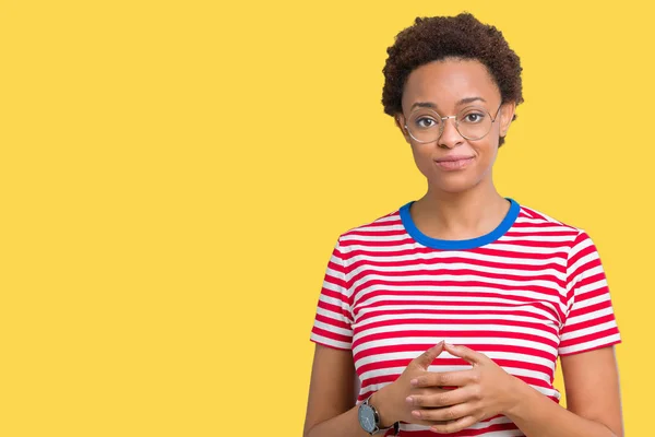 Linda Jovem Afro Americana Vestindo Óculos Sobre Fundo Isolado Mãos — Fotografia de Stock