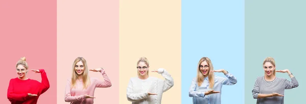 Collage Von Jungen Schönen Blonden Frau Über Lebendige Bunte Vintage — Stockfoto