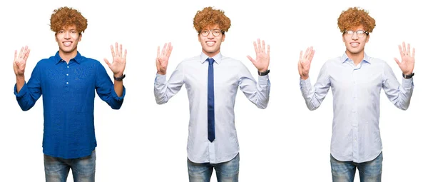 拼贴的年轻巴士男子与卷发戴眼镜在孤立的白色背景显示和指向手指9号 同时微笑自信和快乐 — 图库照片