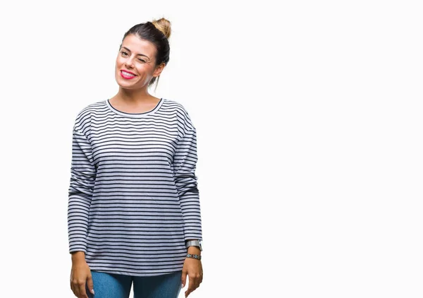 Wanita Muda Yang Cantik Garis Garis Santai Sweater Atas Latar — Stok Foto