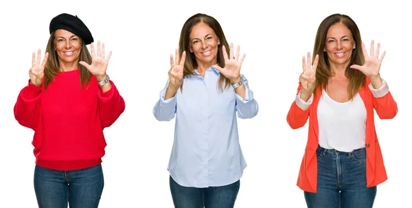 Collage Van Mooie Middelbare Leeftijd Vrouw Witte Geïsoleerde Achtergrond Tonen — Stockfoto