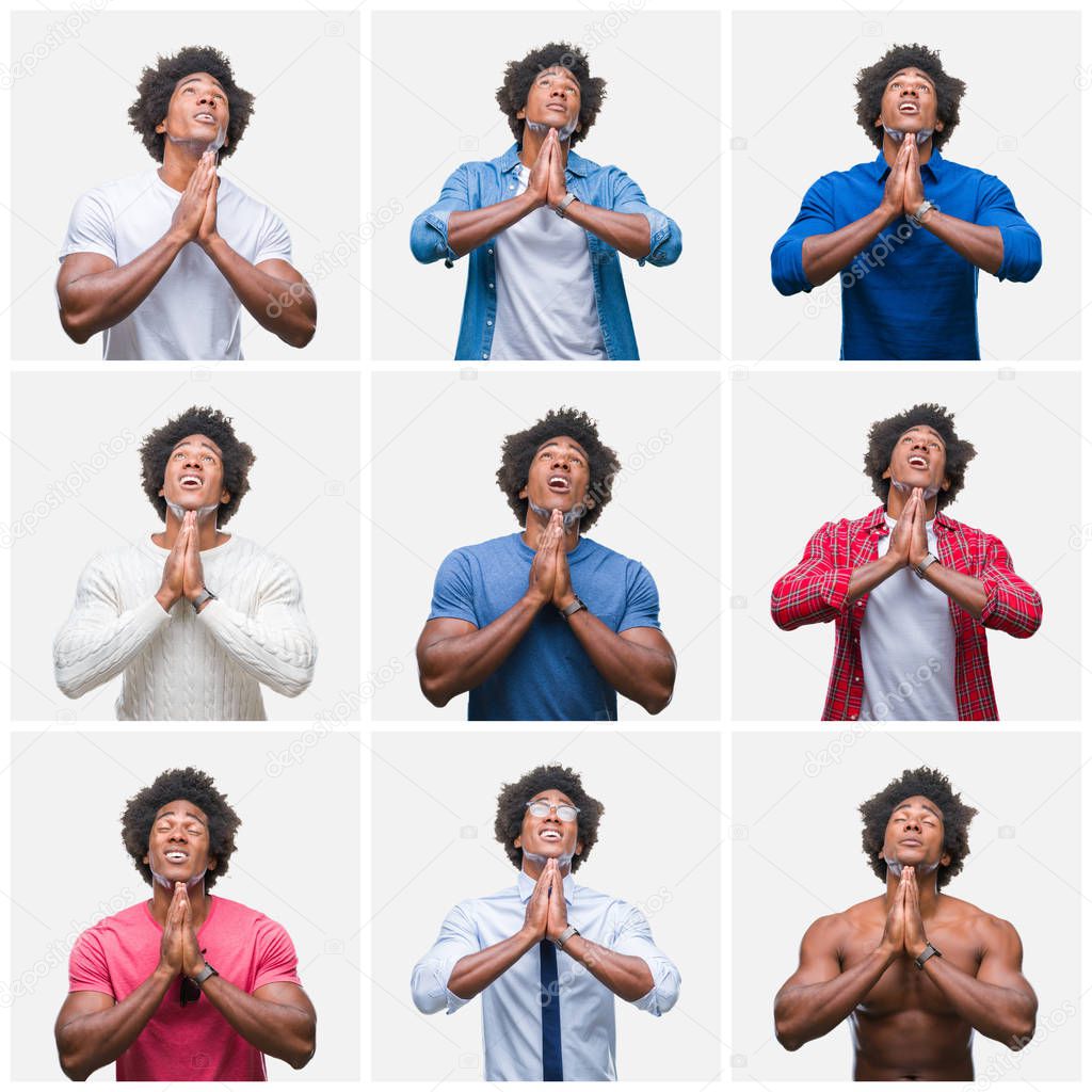 Collage of young african american man over isolated background begging and praying with hands together with hope expression on face very emotional and worried. Asking for forgiveness. Religion concept.