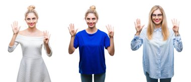 Kolaj genç güzel sarışın kadın gösterilen ve parmakları ile işaret izole arka plan üzerinde bir numara 9 kendinden emin ve mutlu gülümseyerek süre.