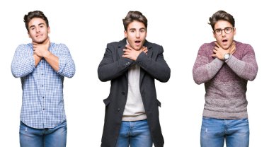 Genç yakışıklı iş kolaj dostum yalıtılmış arka plan bağırarak üzerinde ve çünkü boğmak acı kendi ellerimle öldürürüm. Sağlık sorunu. Yaralarından ve intihar kavramı.