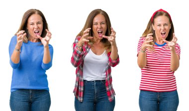 Kolaj güzel orta yaş kadın yüzünden bir arka plan boğazlamak istiyor eller öfke ile sinirli bağıran kızgın bağırıyor izole