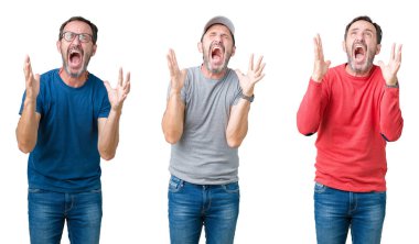 Beyaz izole arka plan çılgın ve deli bağırma ve agresif ifade ve kollar ile bağırarak üzerinde yakışıklı kıdemli adam kolaj kaldırdı. Hayal kırıklığı kavramı.