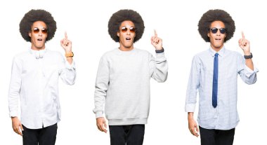 Kolaj başarılı fikirle parmak işaret beyaz izole arka plan üzerinde afro saçlı Genç adam. Çıktıktan ve mutlu. Bir numara.