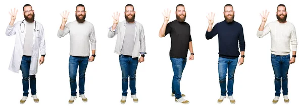 Collage Eines Jungen Mannes Mit Dutt Über Weißem Isoliertem Hintergrund — Stockfoto