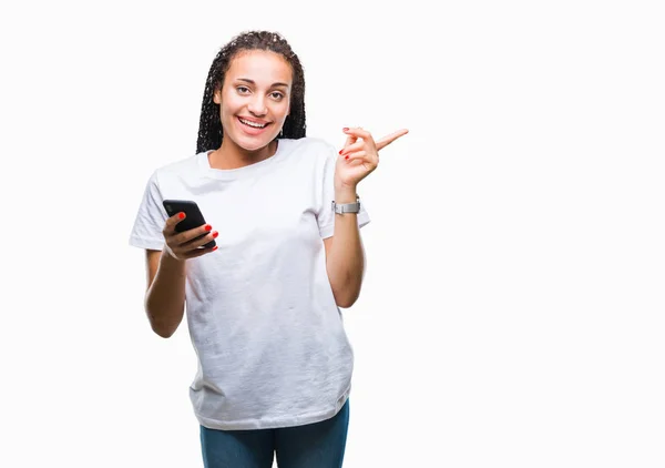 Young Braided Hair African American Girl Showing Using Smartphone Isolated — Stock Photo, Image