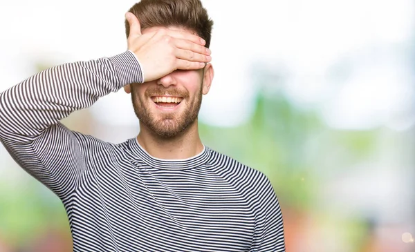 Young Handsome Man Wearing Stripes Sweater Smiling Laughing Hand Face — Stock Photo, Image